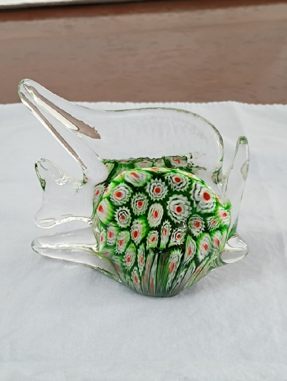 Vintage Green Millefiori Glass Fish Sculpture with Red and White Accents